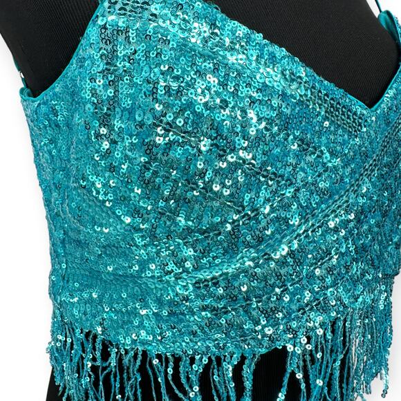 SAYLOR x Revolve | Large | Persephone Sequin Fringe Crop Halter Top in Teal - Picture 7 of 11